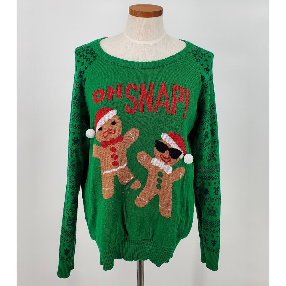 Well Worn Holiday Sweater Green Oh Snap Gingerbread Man Womens XL Christmas